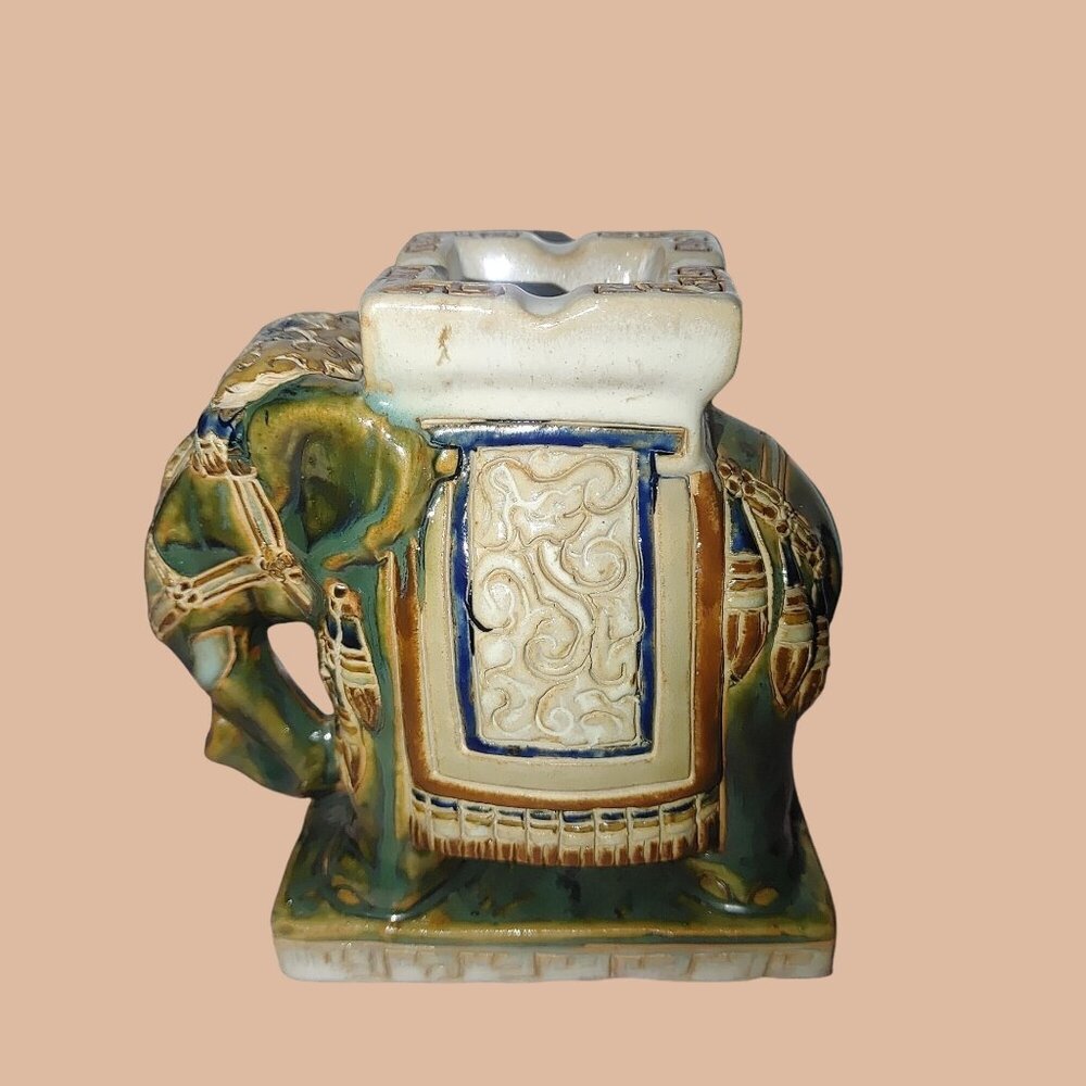 MCM Elephant Ashtray Vintage Multicolor Intricate Design Home Decor Collectible